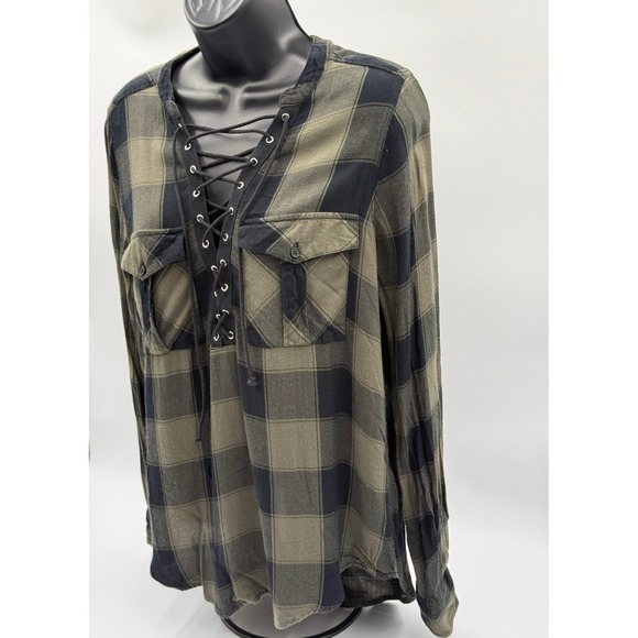 Express Plaid Lace-Up‎ Long Sleeve Top Womens Small Olive Green Black Casual - Picture 3 of 16